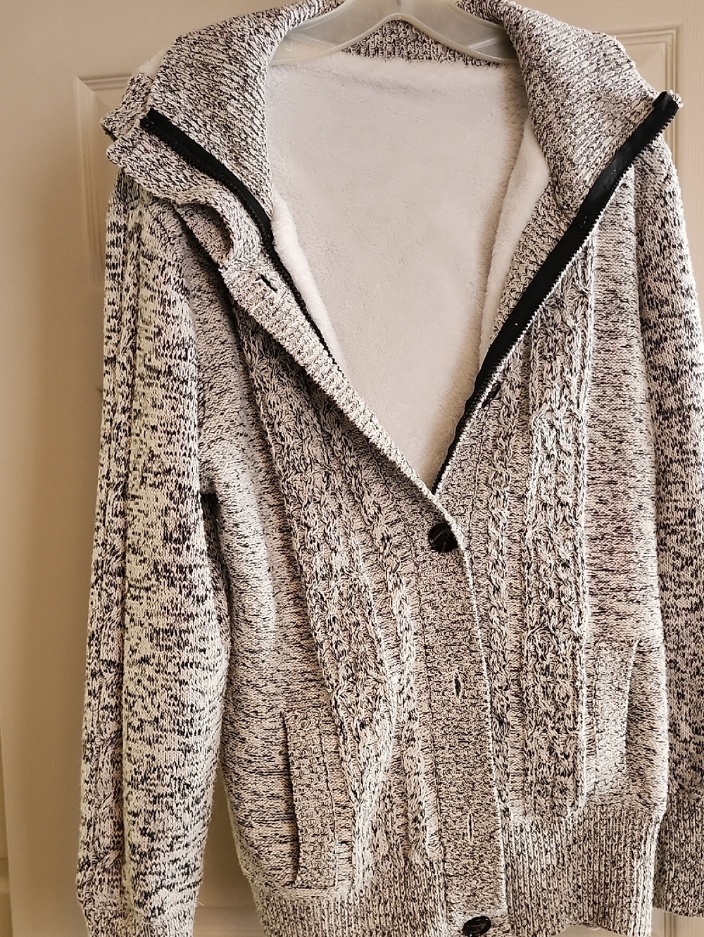 Source Unknown Marled Gray Knit Zip Cardigan with White Sherpa Lining